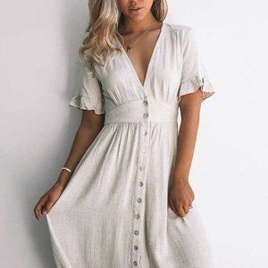 100% Linen Beige Korbela Maxi Dress M